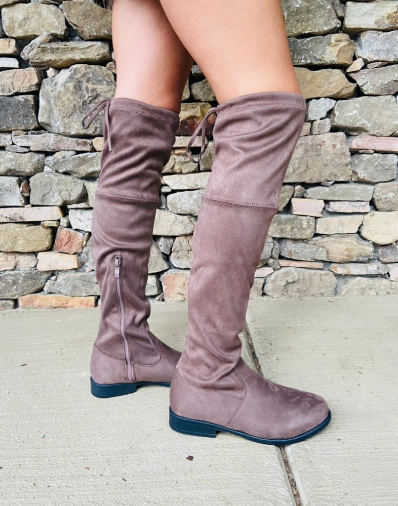 Grey suede knee 2024 high boots flat