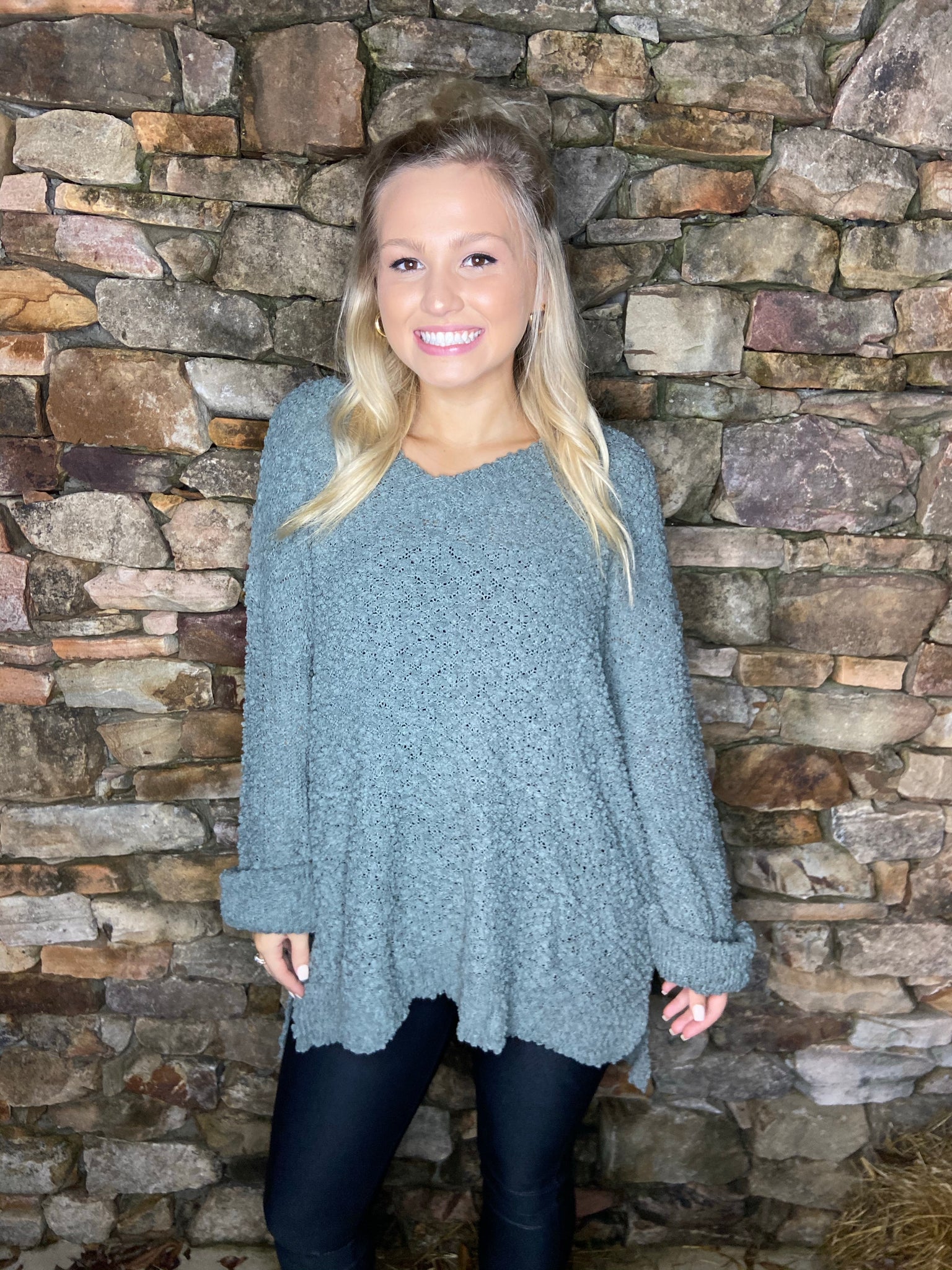 Dusty Mint Oversized Popcorn Sweater